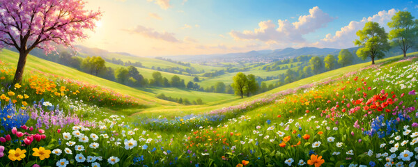 A picturesque view of the valley with wild blooming flowers, against the background of a serene mountain landscape.