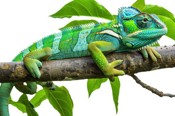 vibrant green chameleon on branch isolated on transparent background 