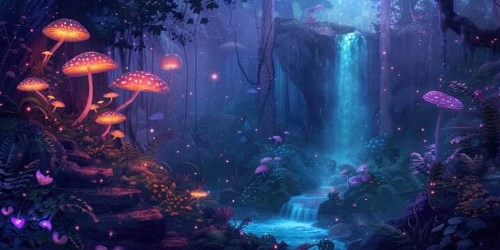 A breathtaking digital painting of a fantasy forest with towering mushrooms aglow with internal light, amidst an ethereal misty landscape. Resplendent.