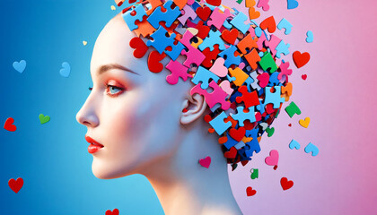 A woman with a creative hairstyle made of red and blue heart-shaped confetti, emphasizing a festive or celebratory mood.