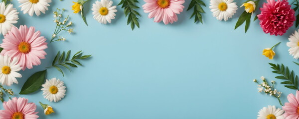 Obraz premium A banner made of flowers for a greeting card template for a wedding, or a women's holiday. A composition with space to copy and its own text.