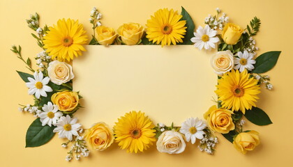 Fototapeta premium A banner of flowers on a yellow background for a greeting card template for a wedding or a women's holiday. A composition with space for its own text.