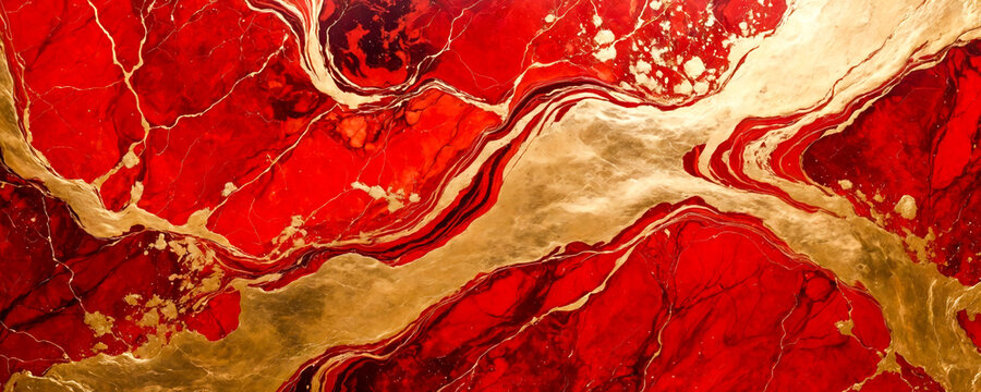 The abstract image of the red marble texture with swirling patterns and elegant gold flecks creates a luxurious visual effect.
