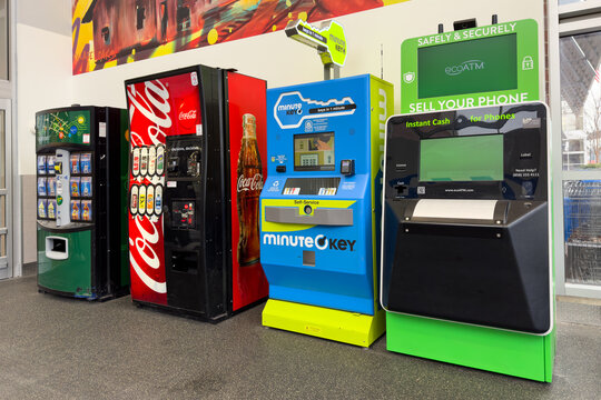 Self service and vending machines at the entrance of Walmart superstore