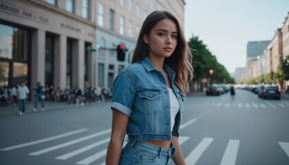 A stylish young woman in a denim outfit walks with confidence on a city street, with historic architecture and a clear sky in the background
