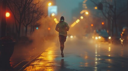 Person Running in the Rain at Night