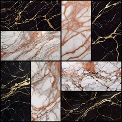 Black and white marble with gold and copper veins composition wall tile sample. Pattern: white wirl