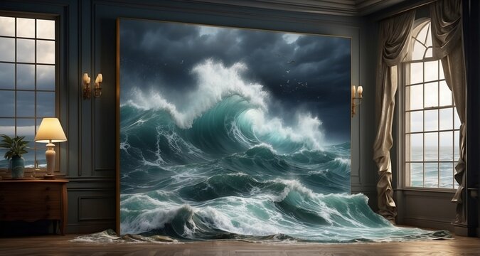 Showcase an ultra-realistic depiction of crashing waves spilling over the frame of a painting into a room during a stormy night. Capture the dramatic lighting, including flashes of light-AI Generative