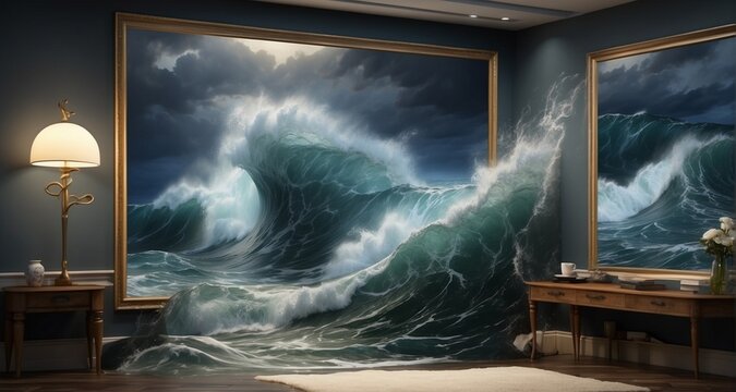 Showcase an ultra-realistic depiction of crashing waves spilling over the frame of a painting into a room during a stormy night. Capture the dramatic lighting, including flashes of light-AI Generative