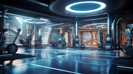 A gym interior for a futuristic spaceport fitness center, with sci-fi decor and advanced workout...