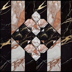 Black and white marble with gold and copper veins composition wall tile sample. Pattern: vertical stripes, checkered flowers central diamond
