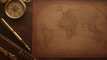 diary and compass on a map background