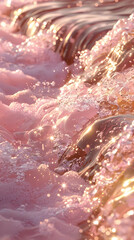 Close up of a magenta dishwater with bubbles resembling pink clouds
