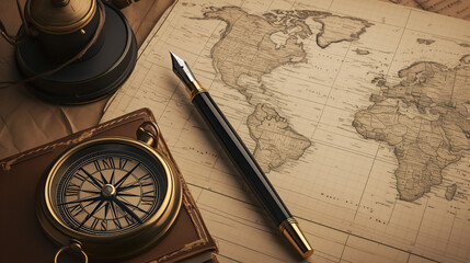 diary and compass on a map background - obrazy, fototapety, plakaty