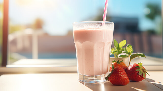 A glass of fresh milkshake with strawberries, standing on a table indoors