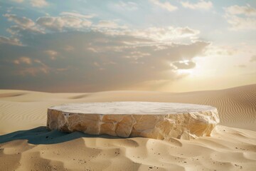 Empty product display Podium on a sand dunes. Stone Platform for cosmetics.