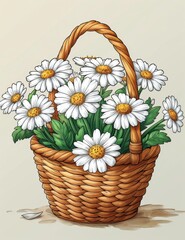 Daisy Flowers in a basket Coloring Book simple drawing , Colored, Think Lines, generated with AI