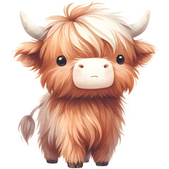 Cute highland cow watercolor clipart with transparent background