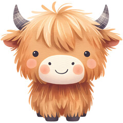 Cute highland cow watercolor clipart with transparent background