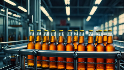 glass beer bottles on a conveyor belt production