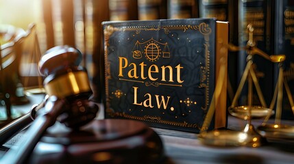 Fototapeta na wymiar illustration design with a stylized gavel, an open book representing legal knowledge, and a subtle incorporation of patent-related symbols. Patent Law concept. 