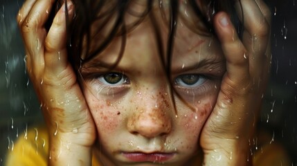 Introspective child with freckles feeling sorrow and loneliness. Poignant portrait of a young boy contemplating in the rain. - obrazy, fototapety, plakaty