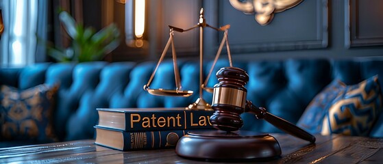 illustration design with a stylized gavel, an open book representing legal knowledge, and a subtle incorporation of patent-related symbols. Patent Law concept.
