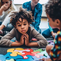 Engaged children solving a colorful puzzle together, highlighting teamwork and learning. Young kids concentrating on puzzle pieces in a group activity, educational play concept.