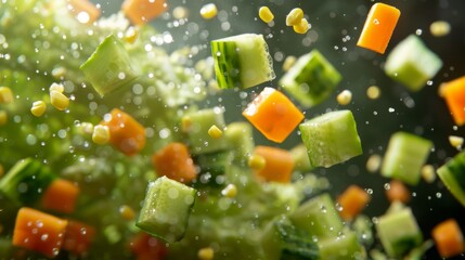 Colorful splash of diced vegetables in motion, healthy food concept. Organic ingredients for vegetarian salad, dynamic and fresh.
