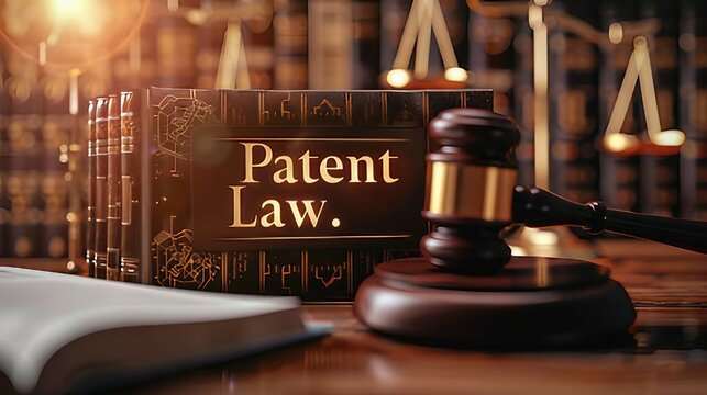 illustration design with a stylized gavel, an open book representing legal knowledge, and a subtle incorporation of patent-related symbols. Patent Law concept.
