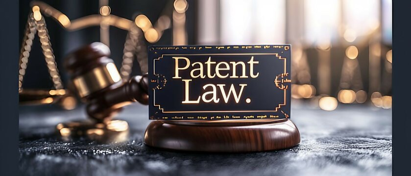 illustration design with a stylized gavel, an open book representing legal knowledge, and a subtle incorporation of patent-related symbols. Patent Law concept.
