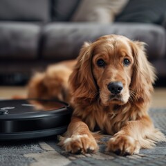 Dog lying next to a robotic vacuum cleaner at home, depicting the blend of pets with smart home technology. A comfortable and curious canine companion adapting to modern home living.