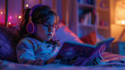 Studious girl with glasses and blue headphones reading a book at night. Young reader engaged in a story with attentive enjoyment.