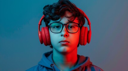 Contemplative teenager wearing glasses and red headphones against a blue background. Serene...