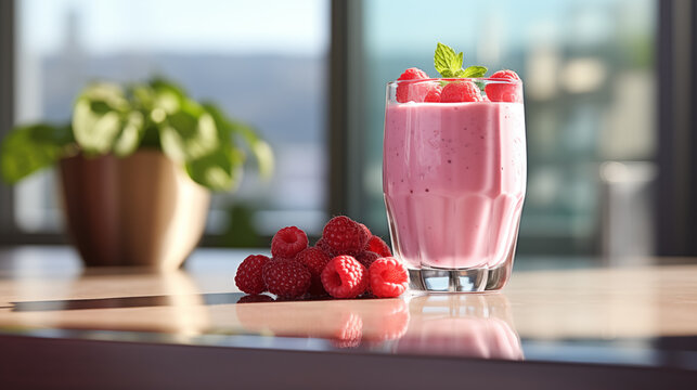 A glass of delicious milkshake with raspberries, standing on a table indoors