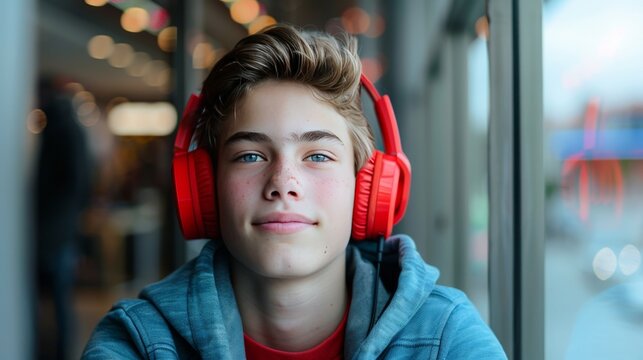 Relaxed teenage boy with red headphones enjoying music by the window. Daydreaming young male with casual look listening to audio leisurely.