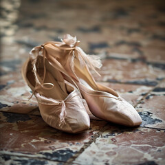 Ballet Slippers on Vintage Floor - Elegant Dance Footwear Photography - obrazy, fototapety, plakaty