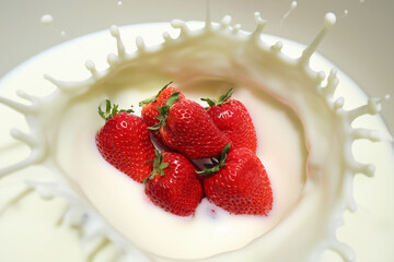 白バックのイチゴとミルクのスプラッシュ