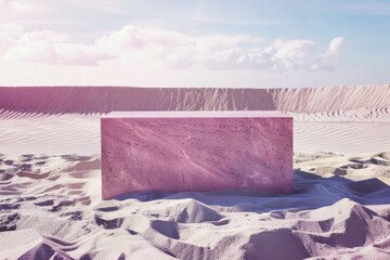 Empty product display Podium on a sand dunes. Stone Platform for cosmetics.