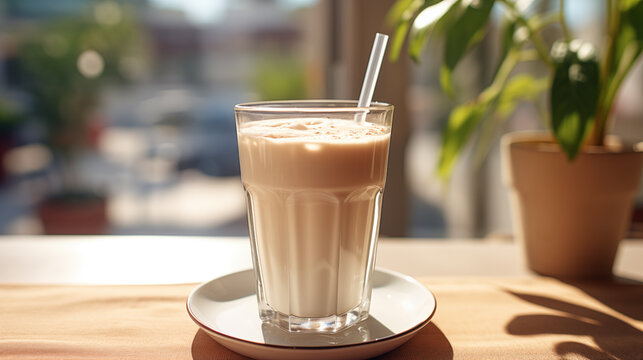 A glass of white milkshake, standing on a table, outdoors, in sunlight