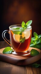 Soothing cup of tea with fresh mint leaves, placed elegantly on rustic wooden table, invoking sense of calm and relaxation. Cup of tea infused with lemon and aromatic mint leaves, blend of flavors.