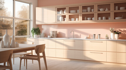 A kitchen with big window, pink cabinetry, a dining table, chairs, and a wood countertop