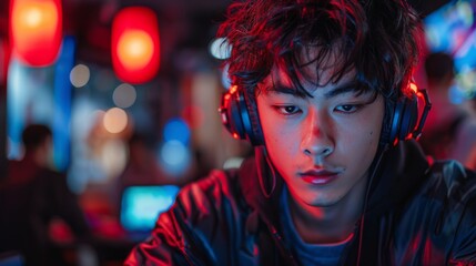 Fototapeta premium Young Man Listening to Headphones in Dark Room