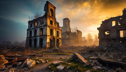 Post apocalyptic ruined city scape. Abandoned town with old broken buildings