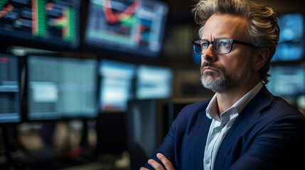 Fototapeta premium A man in glasses looks at monitors with charts of stock market shares.