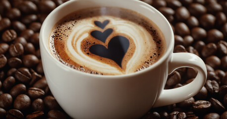 A cup of coffee with foam hearts surrounded by coffee beans.