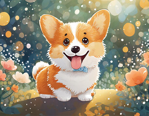 Naklejka premium A cute, adorable, happy kawaii pappy smilling at viewer. Vibrant, dreamy vibe around the puppy. Kawaii art. 