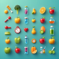 3D icons related to health and wellness including symbols for fitness medical tools healthy food and wellness concepts