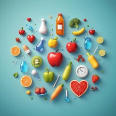 3D icons related to health and wellness including symbols for fitness medical tools healthy food and wellness concepts