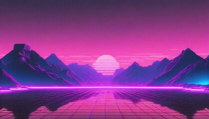 Synthwave retro cyberpunk style landscape background banner or wallpaper. Bright neon pink and yellow colors - obrazy, fototapety, plakaty
